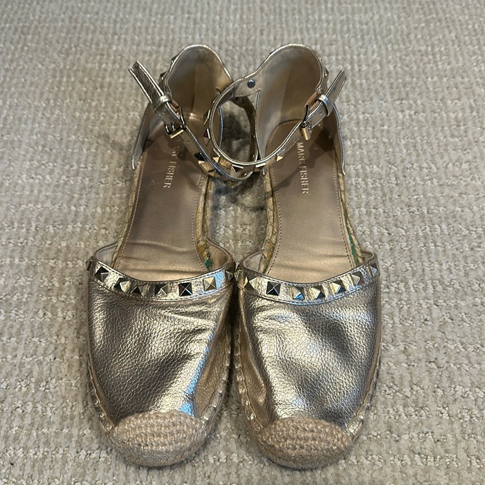 Marc Fisher Gold Metallic Espadrille Ankle-Strap Flats